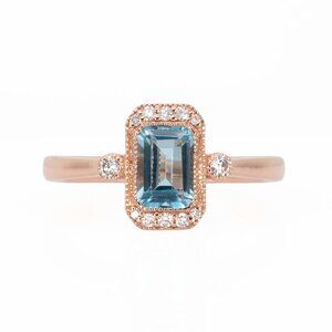 Aquamarine Ring with Natural Diamond Accents in Solid 14k Rose Gold